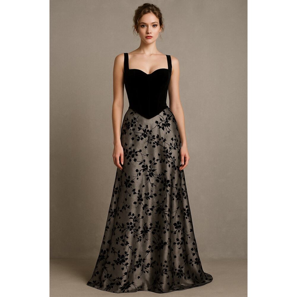 Vintage 90's y2k floor length maxi skirt velvet flocking S silver whimsygoth